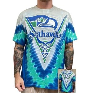 Vintage 90’s Seattle Seahawks NFL Football Liquid Blue Tie Dye Tee T-Shirt Large
